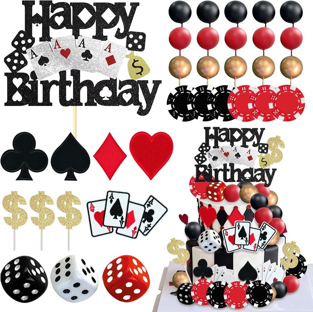 Knana 33Pcs Casino Cake Toppers Dice Poker Cake Decorations Casino Theme Happy Birthday Cake Decorations