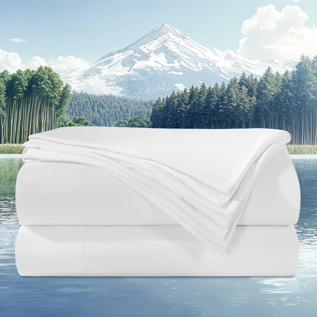 AiAngu 100% Viscose Derived from Bamboo_Sheets Queen Size 4pcs, Cooling & Breathable Bed Sheets for Hot Sleepers, Hotel Luxury Silky Bedding Sheets, 16" Deep Pocket(White)