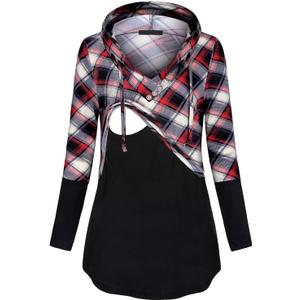 Quinee Women's Long Sleeve Plaid Colorblock Nursing Pullover Hoodie Sweatshirts (X-Large)