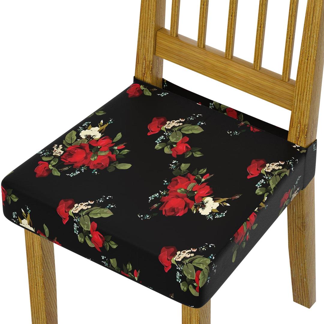 Waterproof Chair Seat Covers Dining Room Set of 4,Soft Printed Patterned Stretch Non Slip Removable Washable Dining Seat Cover Protector Cover for Home Hotel Banquet Party Black Red White Rose Floral