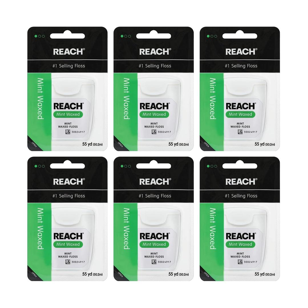 3 x REACH Waxed Dental Floss, Mint, Plaque Remover for Teeth, Shred Resistant, Floss Slides Smoothly, Easy to Use, Waxed, Deep Cleaning Teeth, Oral Care, PFAS Free, for Adults & Kids, 6 Pack, 55 yd