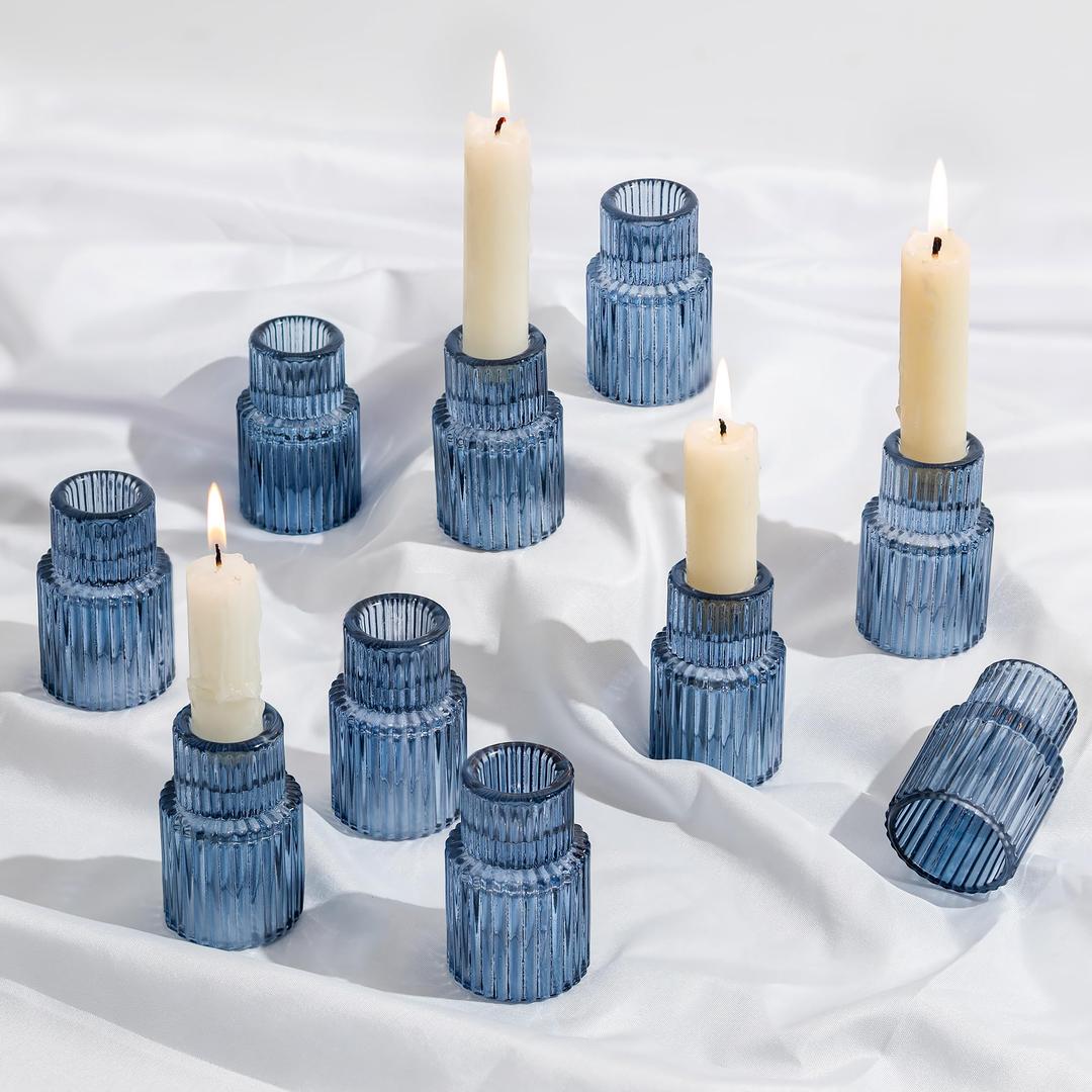 Glasseam Candle Sticks Holder Decor: 10 Pcs Ribbed Blue Glass Candle Holder Modern Fluted Taper Candle Holders Bulk for Table Centerpiece Wedding Decorations Dinner Party Home Decor