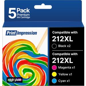 for 212XL Ink 212 XL High Capacity Combo Pack Remanufactured for Epson 212 Ink Cartridges for XP-4100 XP-4105 WF-2830 WF-2850 (2 Black, 1 Cyan, 1 Magenta, 1 Yellow, 5 Pack)