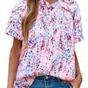 MASCOMODA Womens Tops Summer Boho Floral Short Sleeve Button Down Shirts Crewneck Loose Vacation Dressy Casual Work Blouses(Floral Pink Multicolored,Medium) (Pink, M)