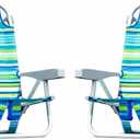 Tommy Bahama 5 Position Beach Chair, Zippered Insulated Cargo Pouch, Cup and Cell Phone Holders, Towel Bar, Pillow for Extra Comfort, Heavy-Duty Weight Capacity, 2-Pack (Aqua Stripes)