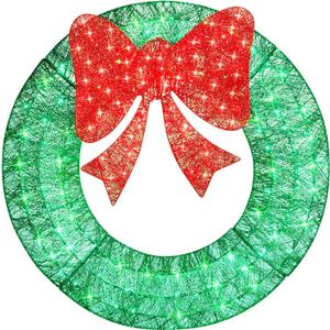 48in Lighted Christmas Wreath Decorations, Outdoor Christmas Wreaths Holiday Decor with Bow Ribbon 125 LED Lights for Front Door, Windows, Xmas Gifts, Home, Lighted Holiday Displays