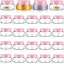 Tessco 24 Pack Plastic Jars with Lids Labels Empty Clear Plastic Jars Round Refillable Cosmetic Containers Body Butter Containers Bulk Sugar Scrub Bottle for Make Up(5 oz,Clear, Pink)
