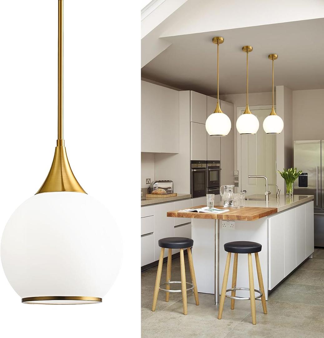 Pendant Lights Kitchen Island: Brushed Gold Light Fixture Farmhouse with Milk Glass - 10 Inch Mid Century Globe Kitchen Lighting Fixtures Ceiling for Dining Room, 1 Pack-10inch