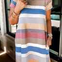 Melliflo Womens Short Sleeve Striped T Shirt Dress Round Neck Color Block Midi Dress Casual Pocket Dress (S)