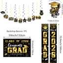 Graduation Decorations 2026 Set Black Gold, Congrats Grad Decor Set with Banner Backdrop Porch Sign,Hanging Swirls Honeycomb Centerpieces Balloons for Grad Party Decorations(Gold)