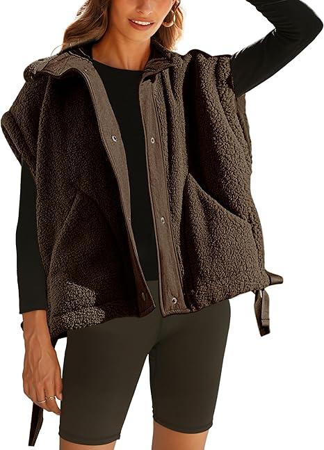 OPCAKM Women's Fuzzy Fleece Vest Oversized Sleeveless Sherpa Jacket Warm Button Down Gilet Outerwear with Pockets L