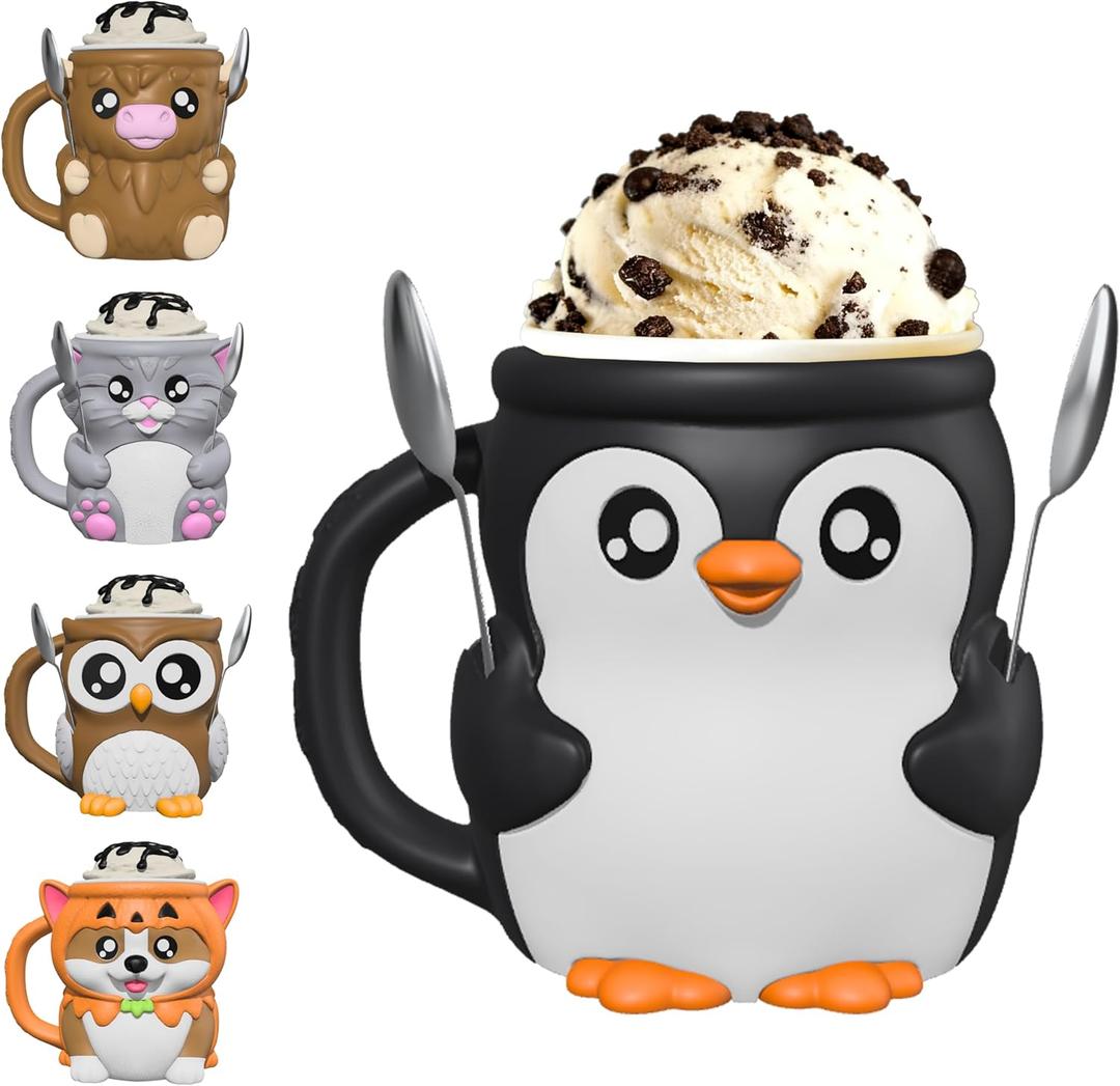 Highland Cow Ice Cream Pint Holder with Handle, Leak-Proof Ice Cream Container with 2 Spoons, Cute Animal Design for Ben & Jerrys, No Cold Hands, Reusable Gift Idea (Black&White)