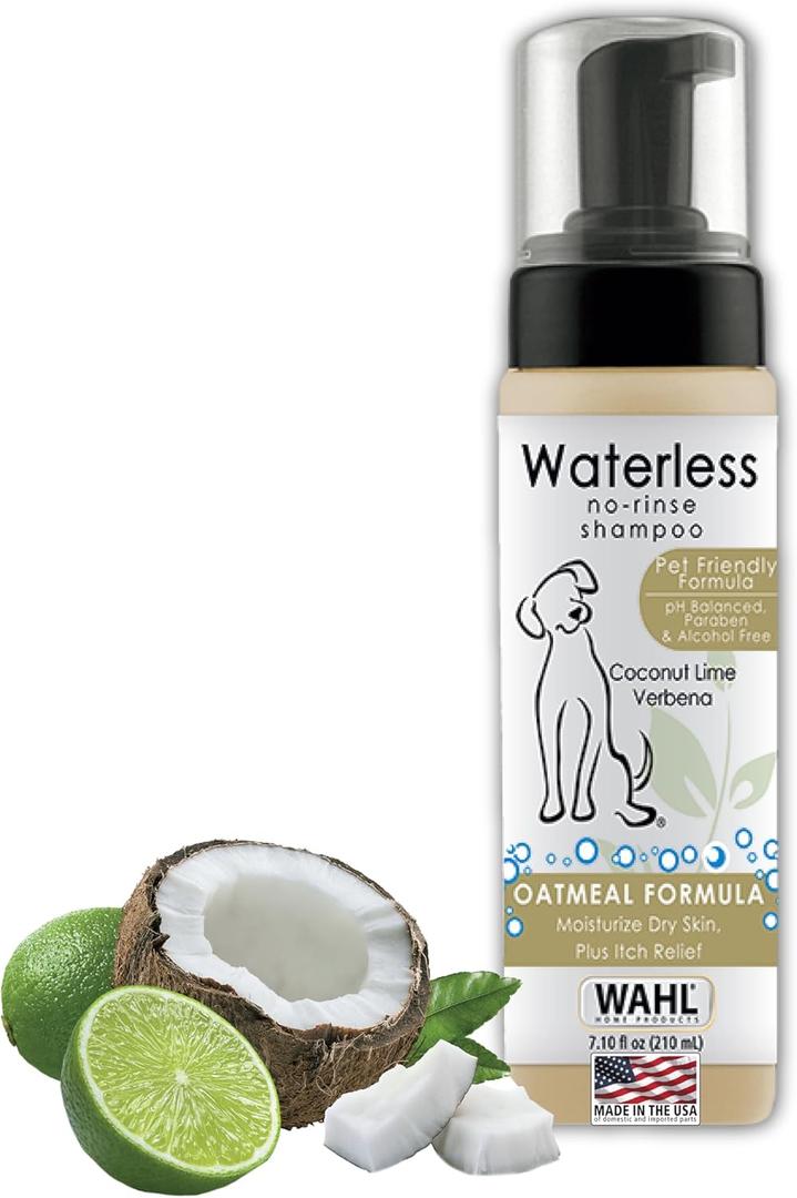 Wahl USA Pet Friendly Waterless No Rinse Shampoo for Animals  Oatmeal & Coconut Lime Verbena for Cleaning, Conditioning, Detangling & Moisturizing Dogs, & Cats  7.1 Oz - Model 820015A (7.1 Fl Oz (Pack of 1))
