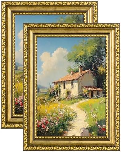 eletecpro 5x7 Picture Frames Set of 2, Vintage Photo Frames with Glass, Display 4x6 Photo with Mat or 5x7 without Mat for Tabletop or Wall Decor, Gold