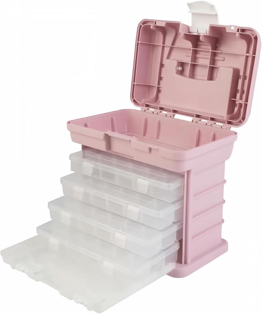 Portable Tool Box - Small Parts Organizer with Drawers and Customizable Compartments for Hardware, Fishing Tackle, Beads, or Crafts by Stalwart (Pink)