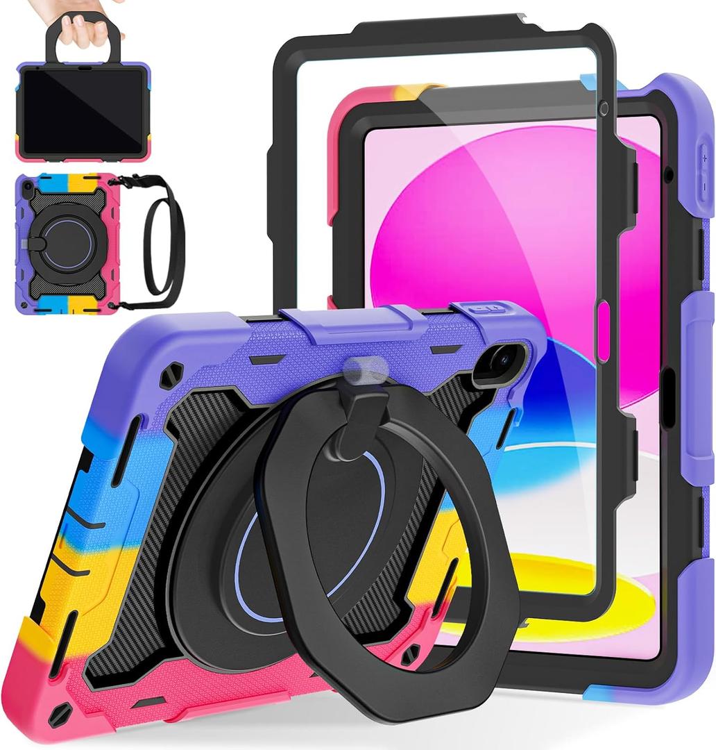 ROISKIN Case for iPad (A16) 11th Generation 11 Inch 2025, iPad 10th Generation Case 10.9" for Kids with Screen Protector,360 Kickstand & Handle,Shoulder Strap,Heavy Duty Military Grade Drop Protection (No Pen Holder, Black-Pink)