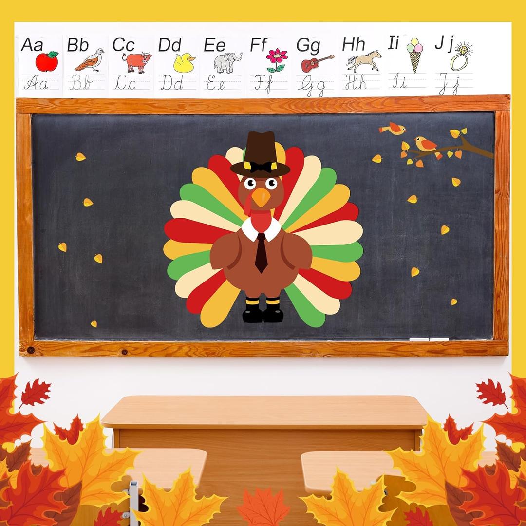 Geyee 26 Pcs Thanksgiving Turkey Bulletin Board Set Turkey Stickers Wall Decal Self Adhesive for Kid School Classroom Blackboard Fall Autumn Halloween Party Decorations