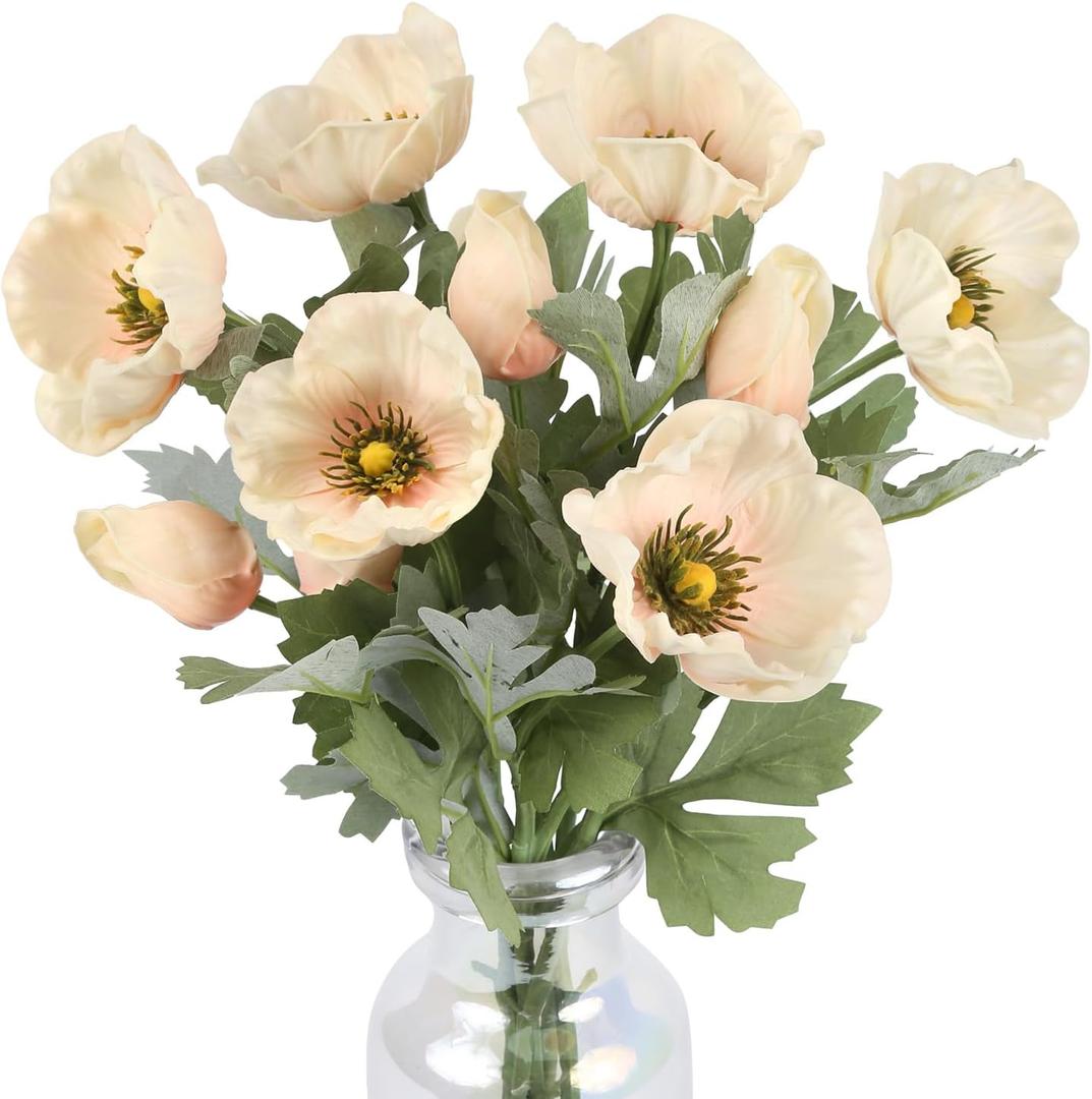 IPOPU 6pcs Poppies Flowers Artificial Champagne Fake Flowers Real Touch Faux Poppies with Stems for Wedding Bouquet Home Party Garden Outdoor Decoration(Champagne)