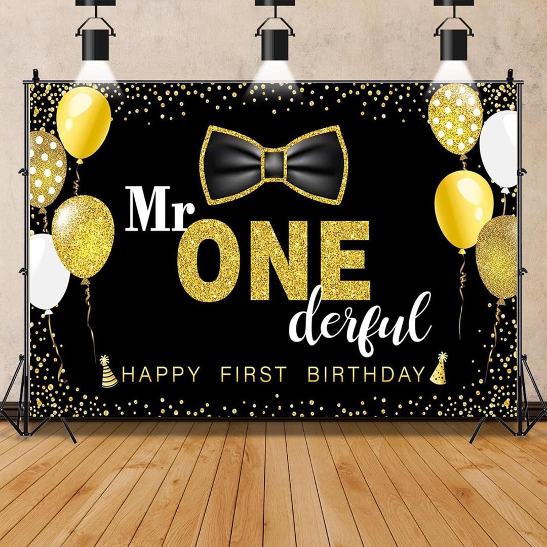 75ft Large Black and Gold Mr. Onederful Birthday Backdrop Banner Decorations for Boys Happy First Birthday Backdrop Mr One Party Cake Table Decor Portraits Photo Studio Props Vinyl
