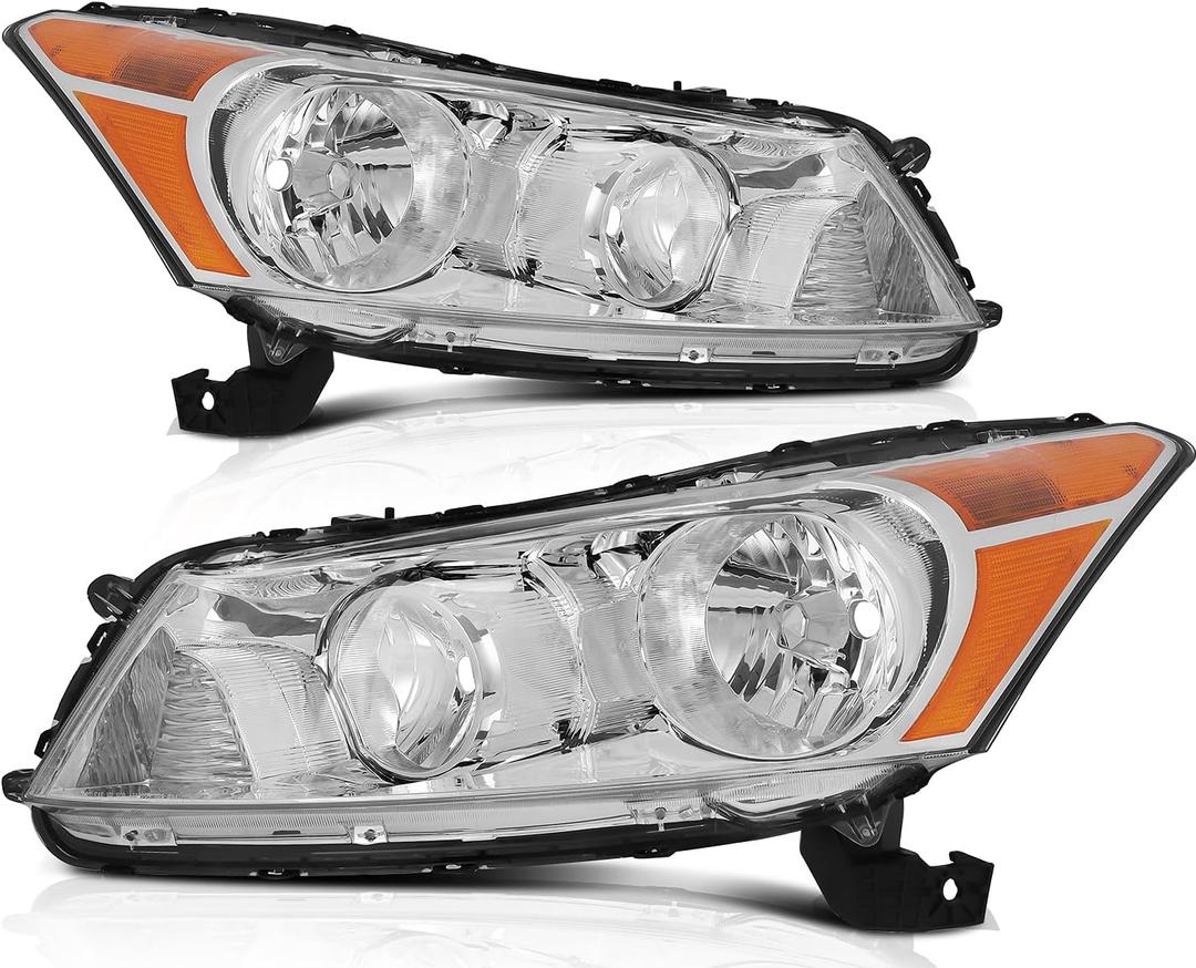 Headlight Assembly Fit For Honda For Accord 2008-2012 Chrome Housing Amber Reflector Clear Lens Driver and Passenger Side HO2502130 33150-TA0-A01