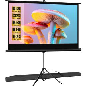 Outdoor Projector Screen with Stand Tripod, Indoor Pull Up Portable Projector Screen, 60 INCH 16:9 Adjustable Projection Screen with Carry Bag for Home Theater Backyard Party Movie Nights