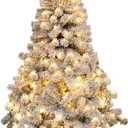 Goplus 4.5 FT Pre-Lit Snow Flocked Christmas Tree, Artificial Hinged Xmas Tree W/ 150 LED Lights, 295 Branch Tips, Non-Flammable PVC Leaves, Metal Stand, Xmas Holiday Decor for Office Home