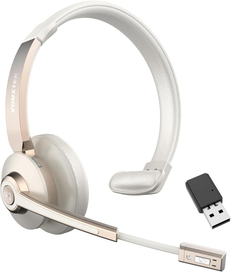 Vonztek Wireless Headset, Bluetooth Headphones with Microphone Noise Canceling & USB Dongle, Trucker Bluetooth Headset with Mic Mute for Cell Phone Computer Work Office Meetings Teams Skype Call