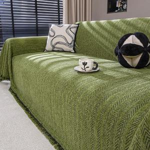 Chenille Couch Cover for Sofa Cover Washable Pet Scratch Couch Covers Tassel Sofa Slipcover for 2 Cushion Couch,Furniture Protector Blanket for Living Room,Yellow Green 71"x118"