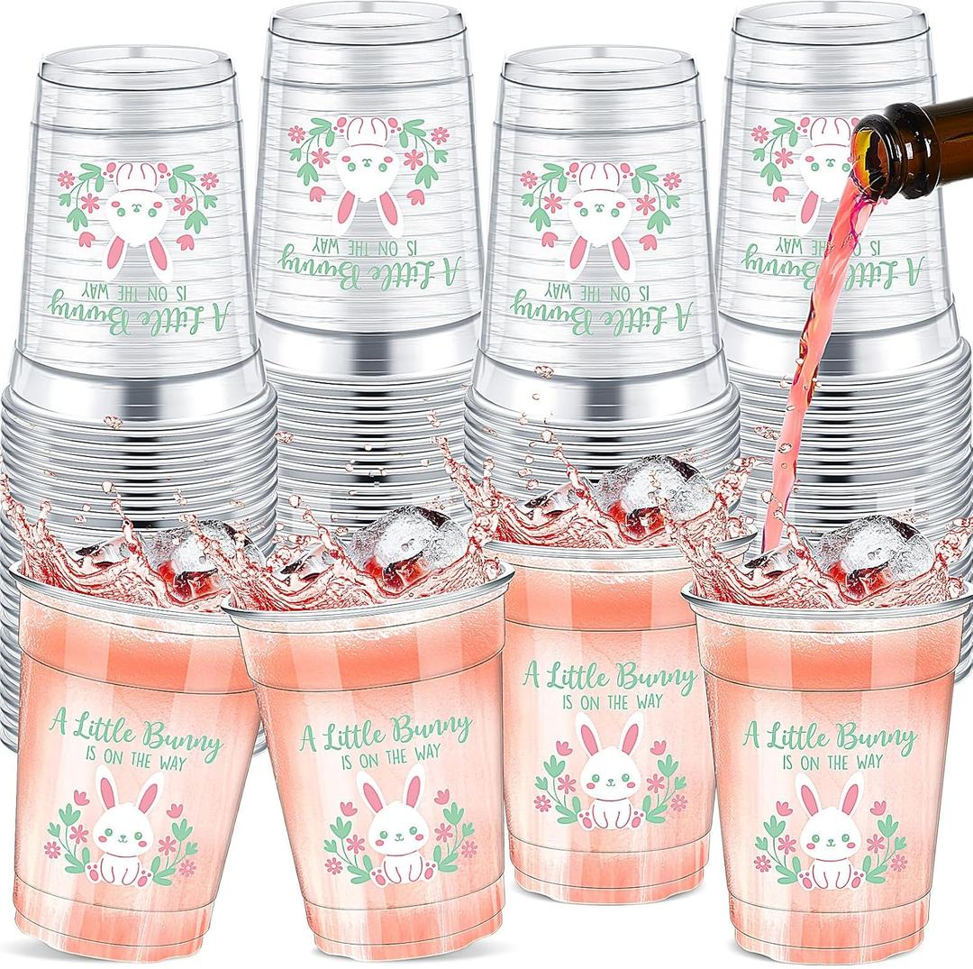 Meanplan 50 Pcs 12oz Spring Baby Shower Party Plastic Cups A Little Bunny Is on the Way Disposable Clear Cups for Baby Shower Gender Reveal Supplies Decorations(Pink Green)