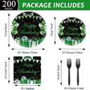 gisgfim 200PCS Green and Black Silver Happy Birthday Party Decorations Birthday Party Tableware Set Confetti Sprinkles Green Birthday Plates Napkins Forks Table Decors for Men Women, 50 Guests
