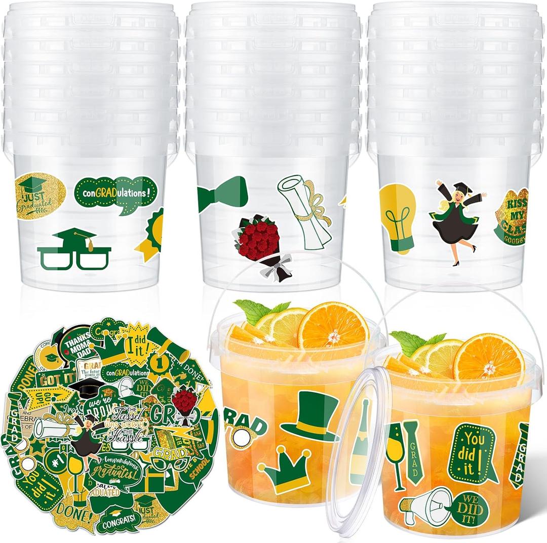 PerKoop 20 Pcs 32 oz Ice Cream Buckets with Lids and Handles Clear Cocktail Rum Buckets with Stickers Plastic Transparent Tub Reusable Food Storage Containers for Parties(Green)