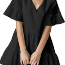 FANCYINN Women’s V Neck Cute Shift Dress with Pockets Bell Sleeve Ruffle Hem Loose Swing Summer Tunic Mini Dress, Size S