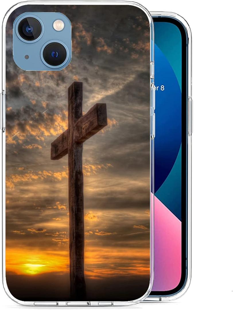 Compatible with iPhone 14 Case - Retro Dusk Christian Cross Phone Case Slim Soft TPU Shockproof Protective Cover Case