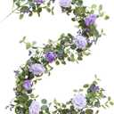 Anna's Whimsy 5.91FT Artificial Eucalyptus Garland with Flowers, Fake Rose Gypsophila Decor for Wedding Spring Home Party Craft Art Table Runner (Purple)