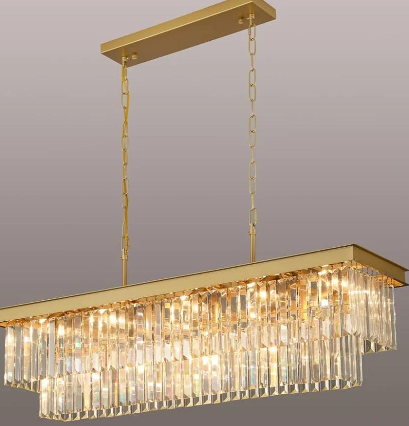Weesalife Gold Crystal Chandeliers for Dining Room，15-Lights L40 Inch
Modern Rectangle Chandeliers for Dining Room Light Fixtures Over Table,Kitchen Island Bar，Adjustable Height ，E12 Base