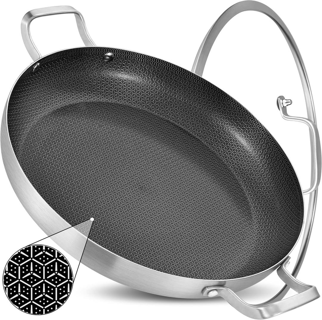 Inqibee 14 Inch Hybrid Nonstick Stainless Steel Paella Pan with Lid