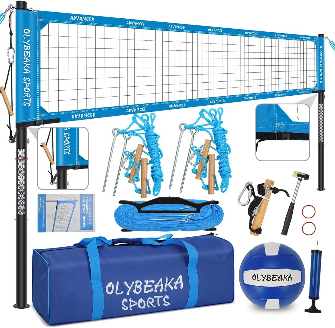 Professional Outdoor Volleyball Net Set for Backyard Beach with 1.7" Aluminum Poles, 45-ply HDPE Net, PU Volleyball and Pump, Boundary Line, Large Carry Bag - Anti-sag & Easy Setup, 32ft