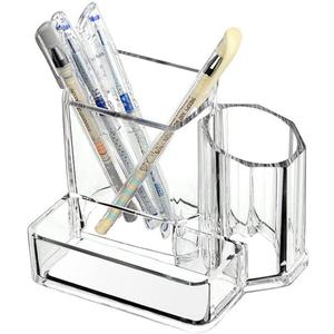 Sooyee Acrylic Desk Supplies Organizer Holder, 3 Compartments Office Desktop Caddy, Multi-function Pen Pencil Cup Phone Remote Control Stationery Storage Box for Home, School, Classroom, Clear (5.1 x 3.74 x 4.1)