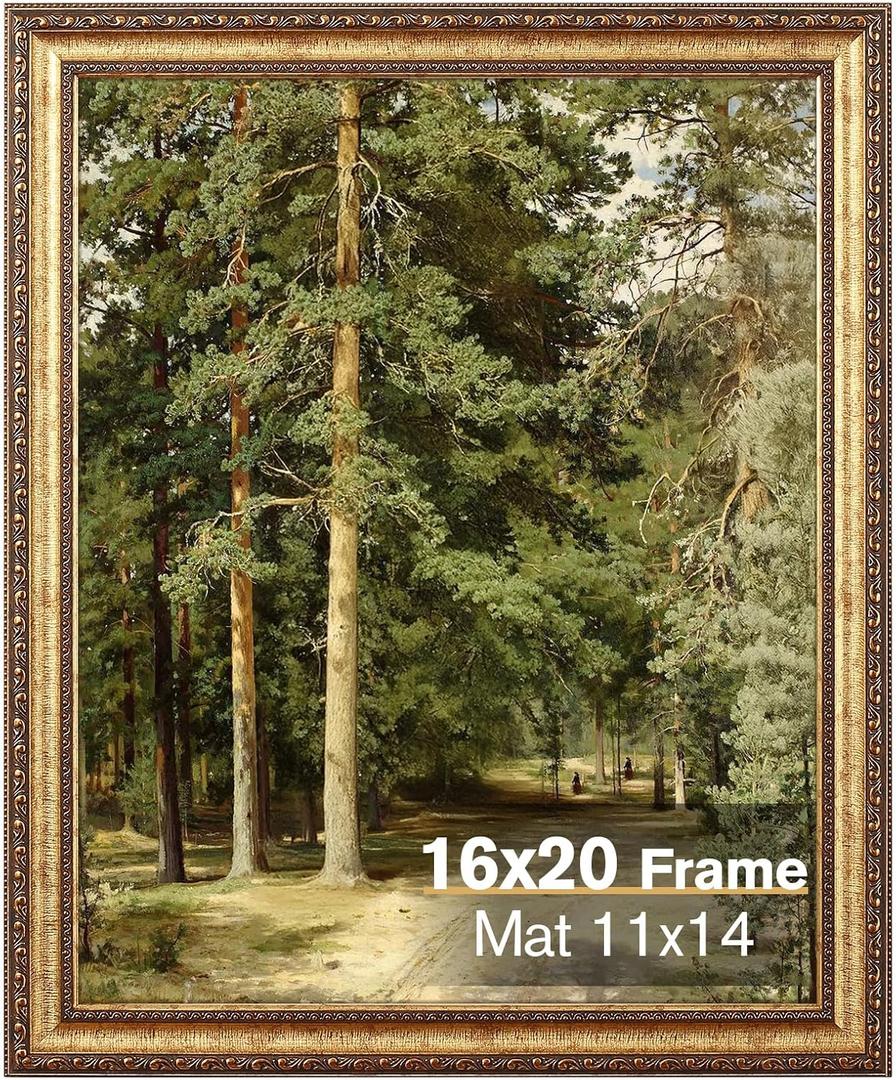 16x20 Gold Picture Frame, Ornate Vintage Picture Frames for Wall or Tabletop Display, 16x20 Photo Frame Gold with Non Glare Plexialass, Display Poster 11x14 with Mat or 16x20 without Mat for Antique Dco