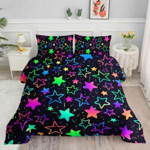 Kids Comforter Set Colorful Stars Printed Pattern Bedding Set with 1 Comforter and 2 Pillowcases for Girls Boys Bedroom All Season(Colorful Stars Twin)