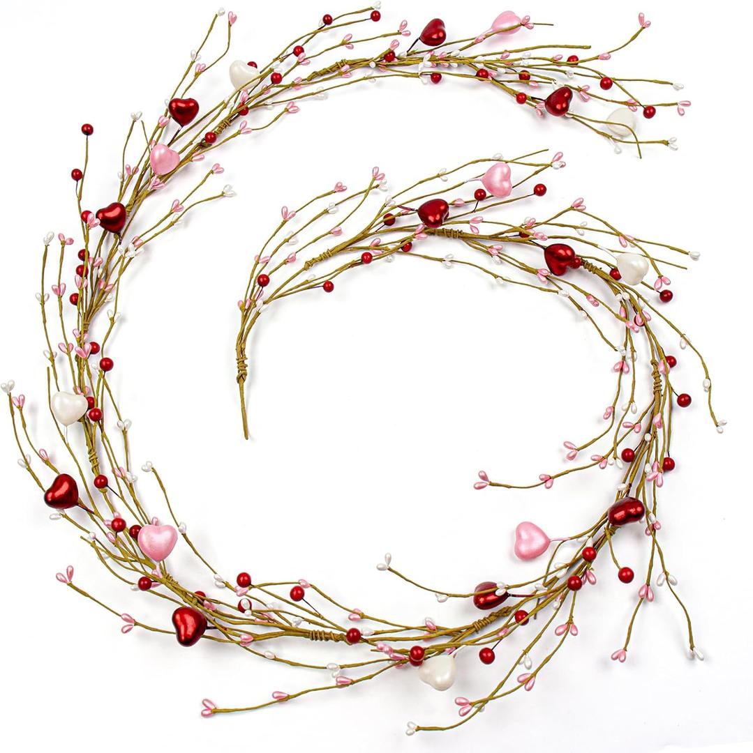 Pearlescent Valentines Day Decorations 6 Feet Valentines Garland Red White and Pink Heart Garland with Berry for Valentine's Day Anniversary Wedding Candlelight Dinner