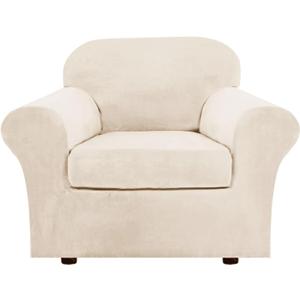 H.VERSAILTEX Rich Velvet Stretch 2 Piece Cover Chair Slipcover Sofa Cover Furniture Protector Couch Soft with Elastic Bottom Couch Cover Width Up to 49 Inch 85% Polyester 15% Spandex (Chair, Cream)