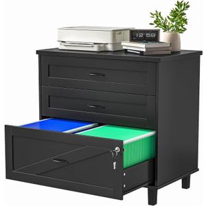 Large Wooden File Cabinet Black 32in Lateral Filing Cabinets 3 Drawer with Hanging File Folders for A4 Letter Legal Wood Office Storage Organizer Furniture Printer Stand