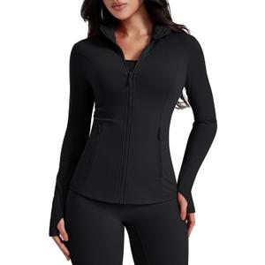AVGO Womens Workout Jackets Lightweight Athletic Zip Up Jacket Slim Fit Running Gym Top with Pockets & Thumb Holes (X-Small, Black)