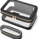 Travel Clear Makeup Bag with Makeup Brush Bag, Leather Makeup Case Toiletry Bag, Portable Cosmetic Bag Case, Transparent Waterproof Cosmetic Organizer Storage Bag for Women, Black