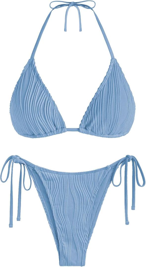 ZAFUL Textured Halter Bikini for Women 2 Piece Triangle Bikini Sets Sexy High Cut Bathing Suit Side Tie Swimsuits (S)