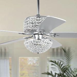 Crystal Ceiling Fan with Lights, 52 Modern Chandelier Fan with Remote Control, Quiet Fandelier with Reversible Dual Finish Blades, Indoor Fan Perfect for Living Room Dining Room, Bedroom, Silver (Chrome)