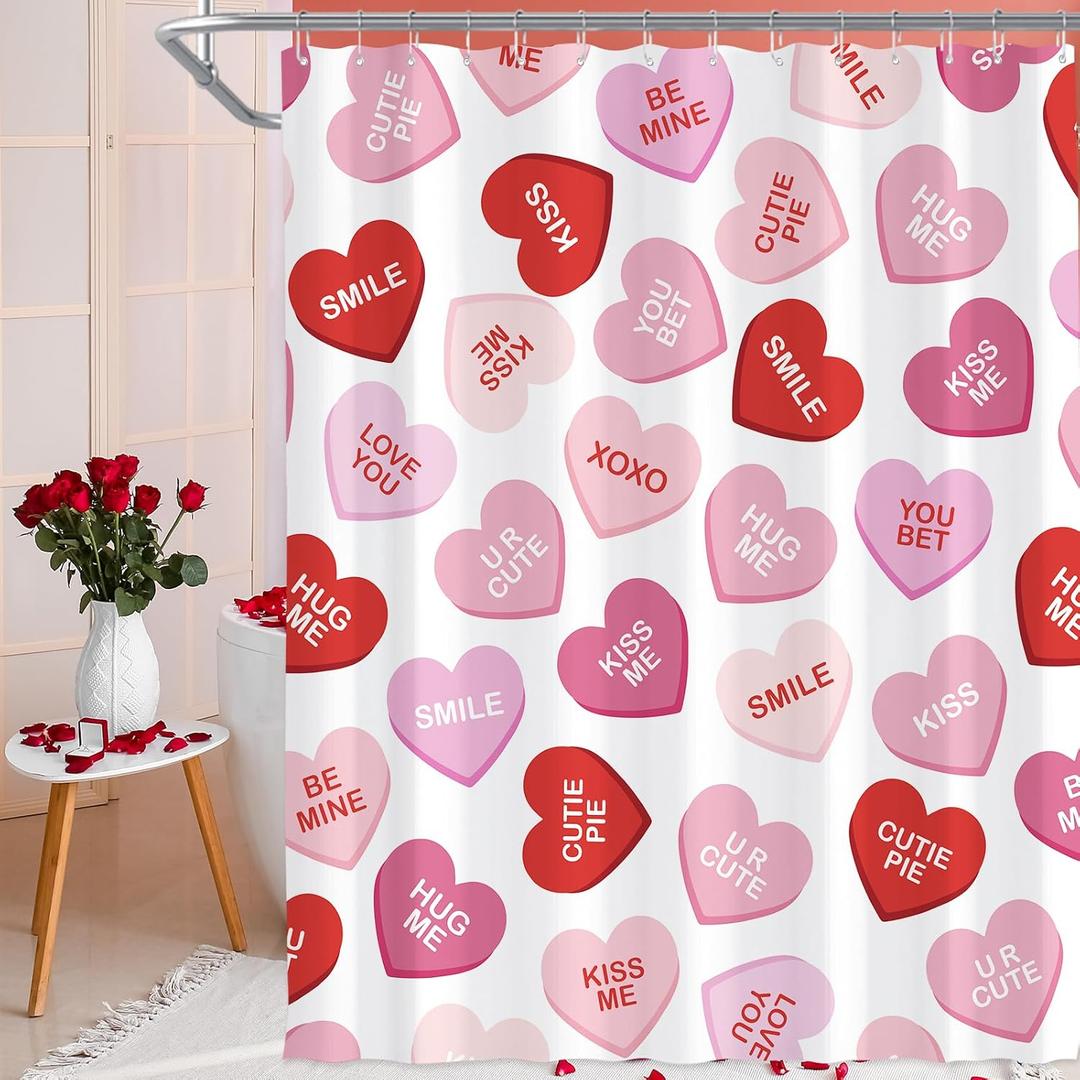 Valentines Shower Curtain, Pink Heart Valentines Shower Curtain for Bathroom, Waterproof Fabric Curtains with Hooks, Valentines Bathroom Decor for Anniversary Wedding Supplies, 71x71 Inch