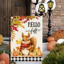 DLZDN Hello Fall Squirrel Garden Flag Autumn Pumpkins Maple Leaves Flag 12×18 Inch Double Sided Buffalo Plaid Farmhouse Yard Flag Thanksgiving Holiday Outdoor Decor