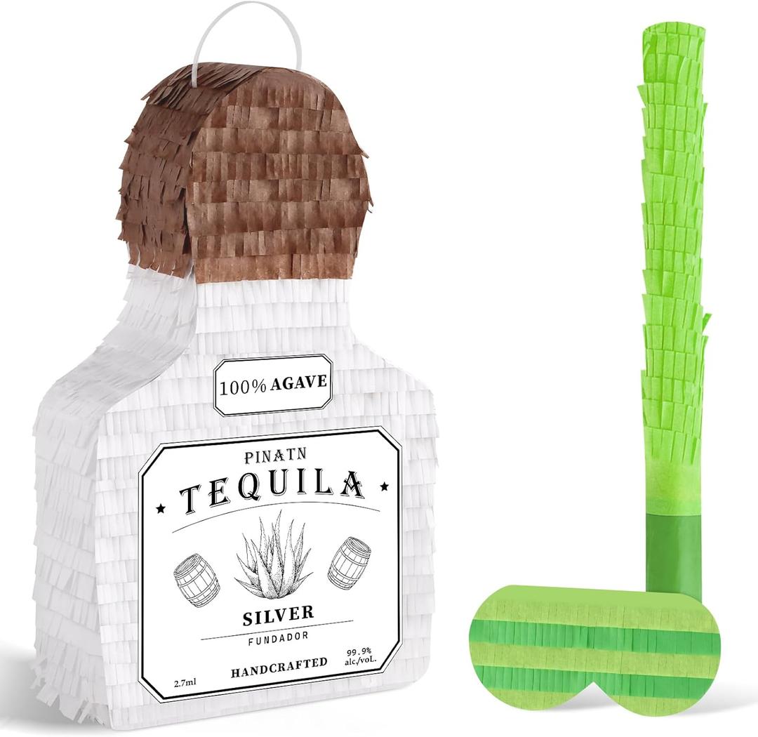White Tequila Bottle Piñata Tequila Pinata with Bat Blindfold for Adult Party Decorations Cinco De Mayo Fiesta Mexican Carnivals Birthday Anniversary Party Supplies